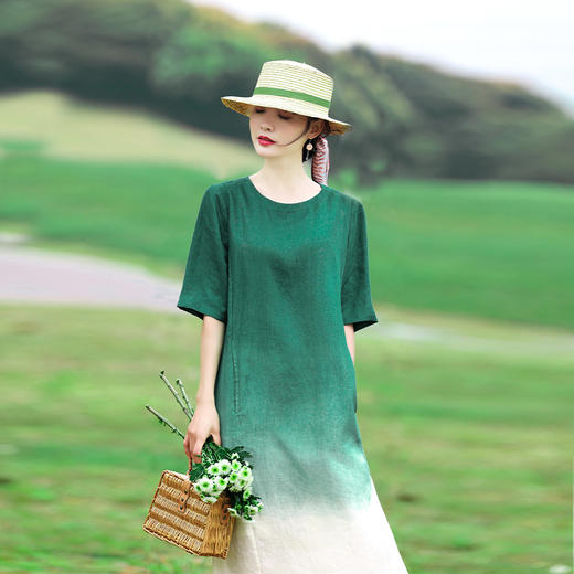 圆领简约大气棉麻袍子吊染渐变青绿腰宽松亚麻连衣裙YM-S266 商品图0