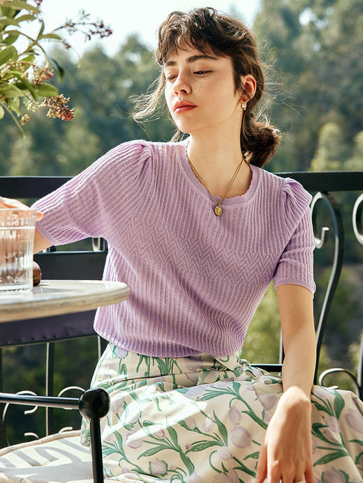 OLrain欧芮儿法式紫色针织衫女夏季2023新款宽松显瘦泡泡袖套头衫 商品图2