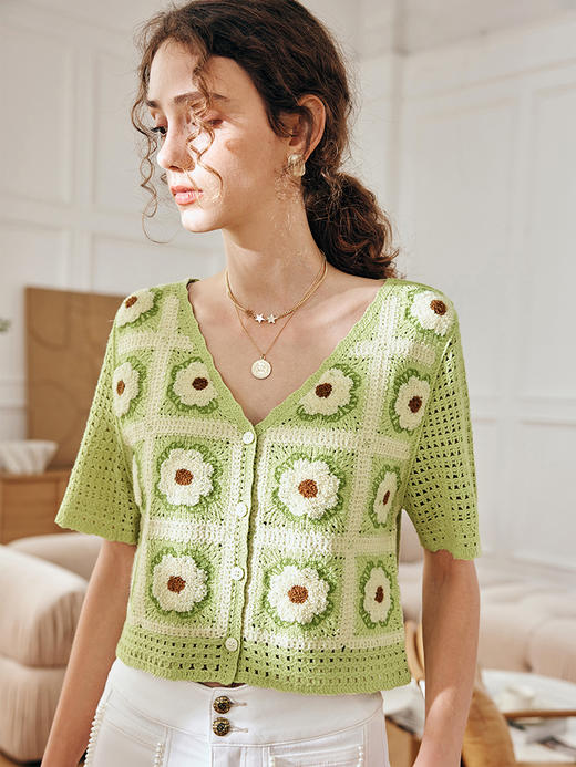OLrain欧芮儿法式绿色针织开衫女夏季2023新款复古手钩花短款上衣 商品图0