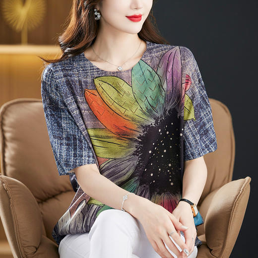 时尚印花，中年妈妈夏装短袖t恤薄款针织衫宽松大码女装遮肚上衣CC-5-5259 商品图8