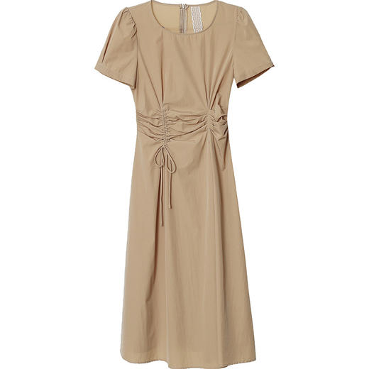 DD-2023年夏款中长款皱褶系带收腰时髦A字裙圆领短袖通勤气质连衣裙 商品图4