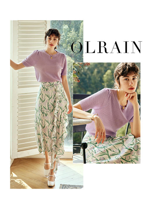 OLrain欧芮儿法式紫色针织衫女夏季2023新款宽松显瘦泡泡袖套头衫 商品图0