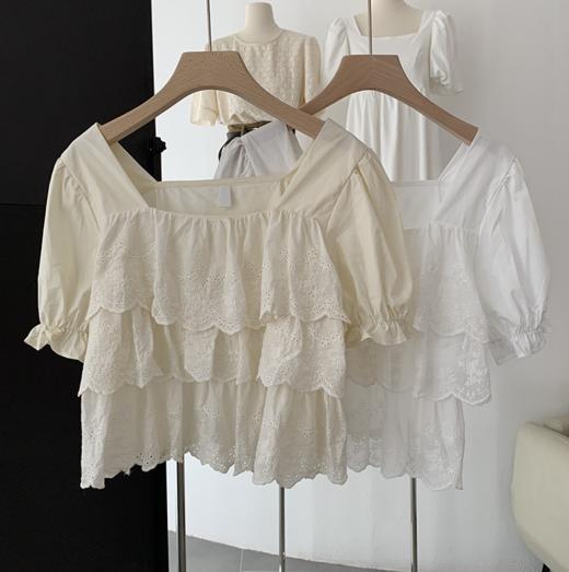 【好物推荐】欧玛莱 夏季韩版甜美荷叶边方领泡泡短袖纯色衬衫 商品图1