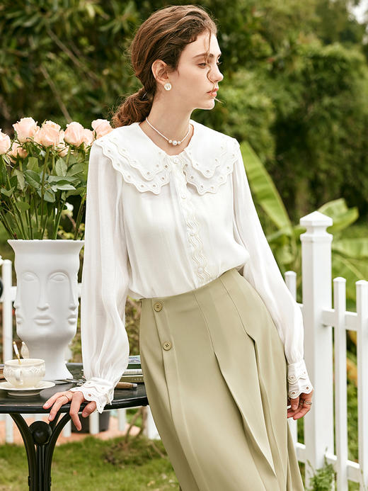 OLrain欧芮儿法式雪纺蕾丝衫女春季2023年新款刺绣翻领高级感上衣 商品图3