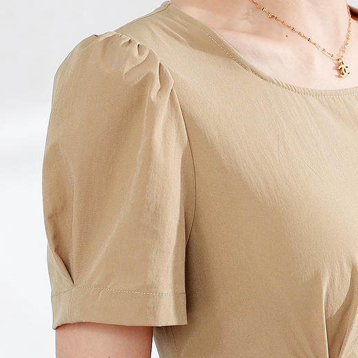 DD-2023年夏款中长款皱褶系带收腰时髦A字裙圆领短袖通勤气质连衣裙 商品图3