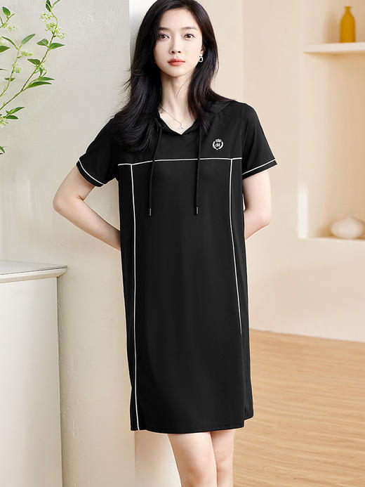 剩S/M/L/XL 米思阳2025夏季新款气质休闲减龄直筒连衣裙撞色明线连帽裙子1092 商品图1