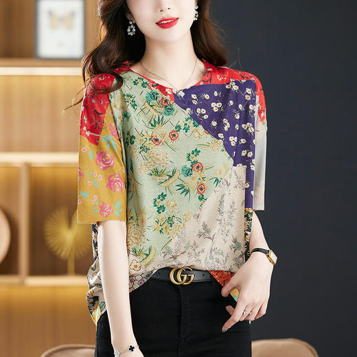 时尚印花，中年妈妈夏装短袖t恤薄款针织衫宽松大码女装遮肚上衣CC-5-5259 商品图2