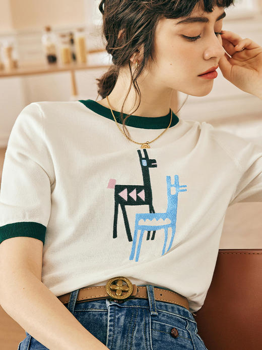 OLrain欧芮儿法式米白色针织衫女春季2023新款时尚刺绣撞色套头衫 商品图1