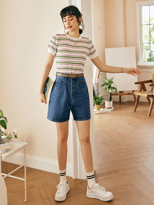 OLrain欧芮儿法式条纹针织衫女春季2023年新款时尚拼色短袖套头衫 商品图3