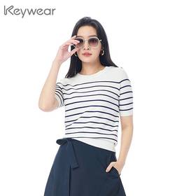 奇威【粘纤 84%】撞色条纹短袖T恤0DB05096