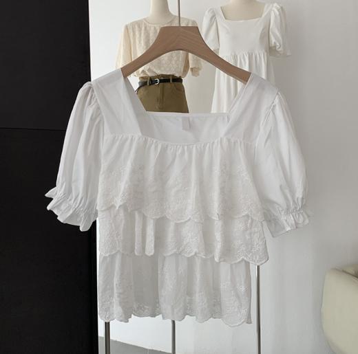 【好物推荐】欧玛莱 夏季韩版甜美荷叶边方领泡泡短袖纯色衬衫 商品图4