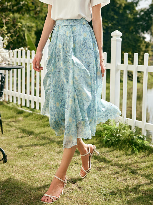 OLrain欧芮儿法式碎花雪纺半身裙女夏季2023新款高腰荷叶边伞摆裙 商品图2