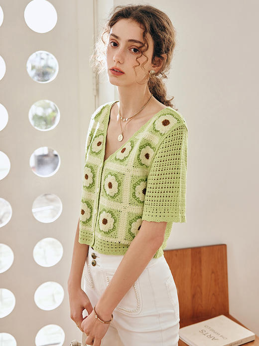 OLrain欧芮儿法式绿色针织开衫女夏季2023新款复古手钩花短款上衣 商品图2