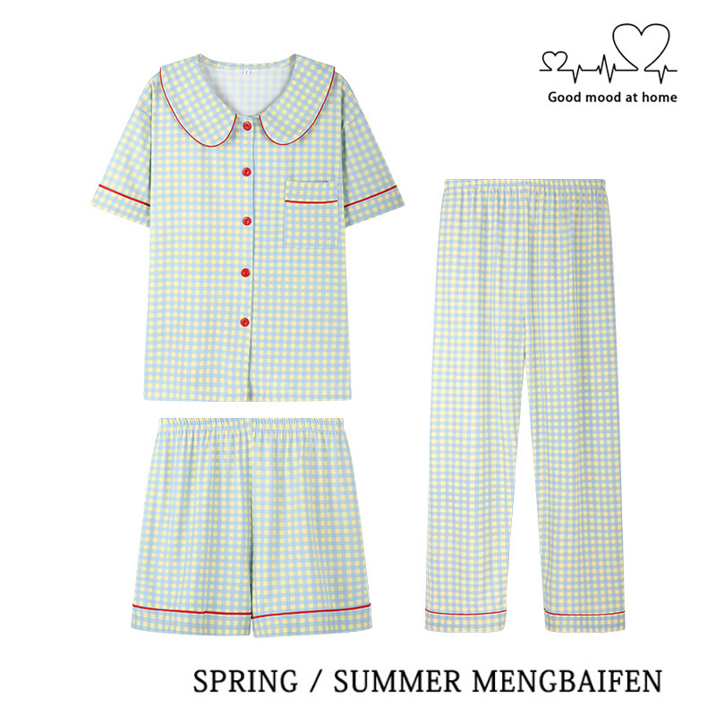 「三件套！家居舒适」春夏季格子短袖长裤睡衣三件套 翻领少女风家居服可外穿上衣裤子