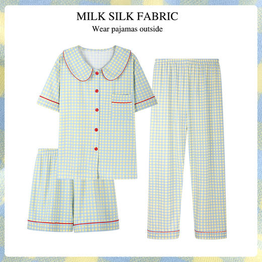 「三件套！家居舒适」春夏季格子短袖长裤睡衣三件套 翻领少女风家居服可外穿上衣裤子 商品图1