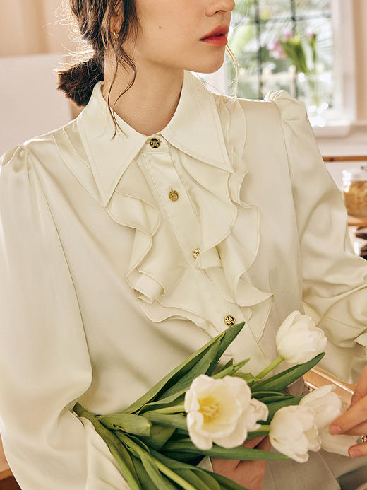 OLrain欧芮儿法式缎面蕾丝雪纺衫女春季2023年新款复古宫廷风上衣 商品图1