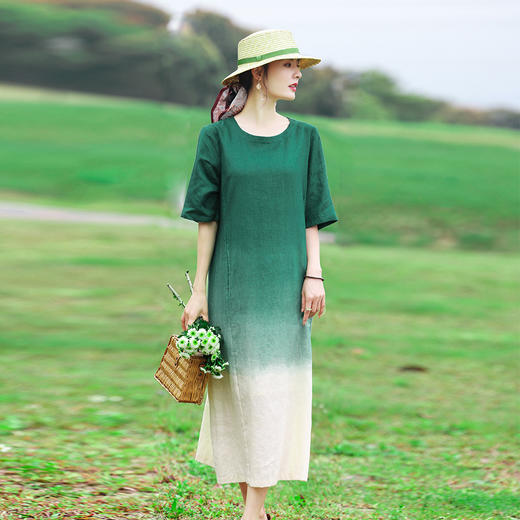 圆领简约大气棉麻袍子吊染渐变青绿腰宽松亚麻连衣裙YM-S266 商品图1