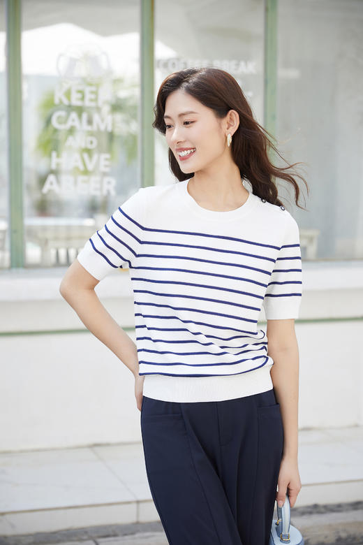 奇威【粘纤 84%】撞色条纹短袖T恤0DB05096 商品图2