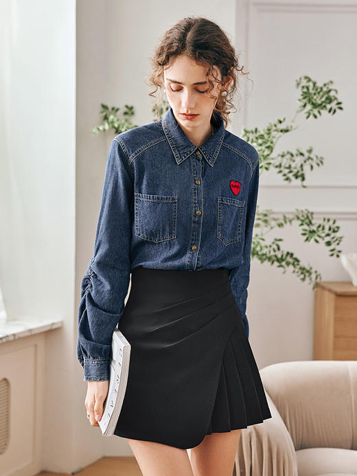 OLrain欧芮儿法式POLO领牛仔衬衫女早春2023新款宽松爱心刺绣衬衣 商品图0