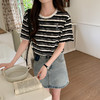 夏日穿搭【时尚百搭显瘦！】夏季2023新款宽松纯棉刺绣休闲半袖上衣 复古风条纹短袖T恤女 黑白条纹圆领短袖宽松小个子个性女装上衣潮 商品缩略图2