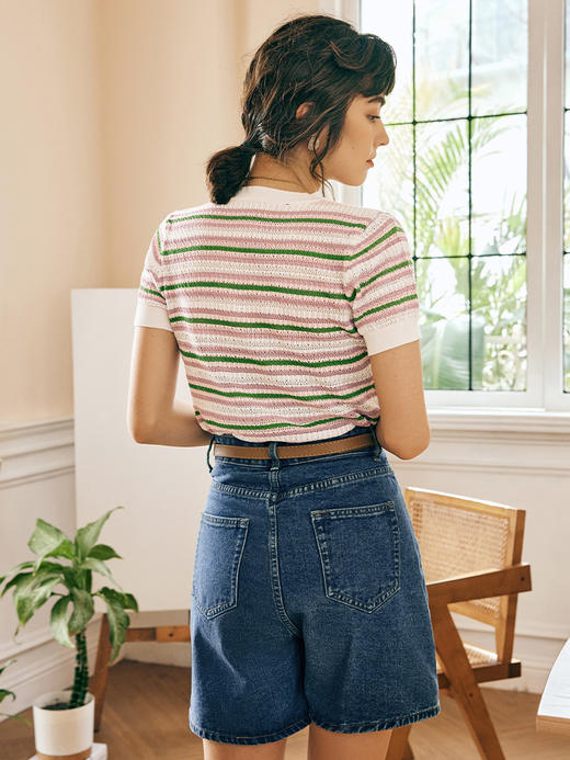 OLrain欧芮儿法式条纹针织衫女春季2023年新款时尚拼色短袖套头衫 商品图2