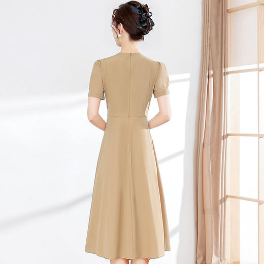 DD-2023年夏款中长款皱褶系带收腰时髦A字裙圆领短袖通勤气质连衣裙 商品图2