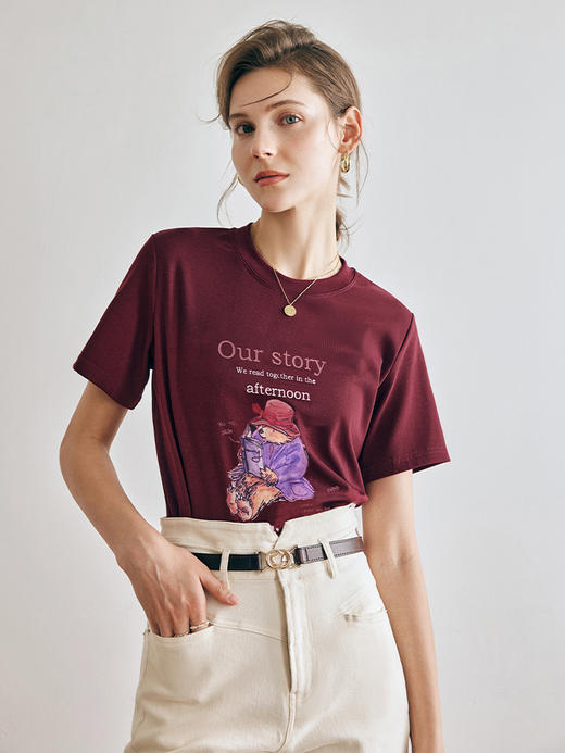 OLrain欧芮儿法式酒红色短袖T恤女夏季2023新款时尚印花正肩上衣 商品图0