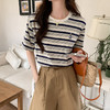 夏日穿搭【时尚百搭显瘦！】夏季2023新款宽松纯棉刺绣休闲半袖上衣 复古风条纹短袖T恤女 黑白条纹圆领短袖宽松小个子个性女装上衣潮 商品缩略图0