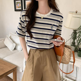 夏日穿搭【时尚百搭显瘦！】夏季2023新款宽松纯棉刺绣休闲半袖上衣 复古风条纹短袖T恤女 黑白条纹圆领短袖宽松小个子个性女装上衣潮