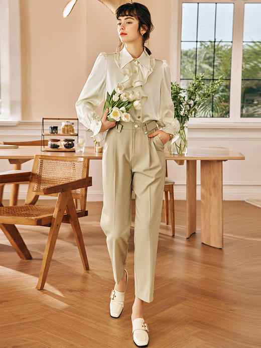 OLrain欧芮儿法式缎面蕾丝雪纺衫女春季2023年新款复古宫廷风上衣 商品图3