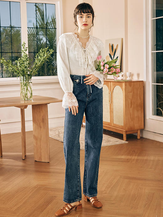 OLrain欧芮儿法式直筒牛仔裤女夏季2023新款高腰复古薄款阔腿长裤 商品图3