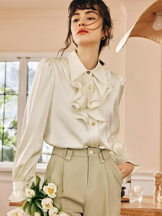 OLrain欧芮儿法式缎面蕾丝雪纺衫女春季2023年新款复古宫廷风上衣 商品图2