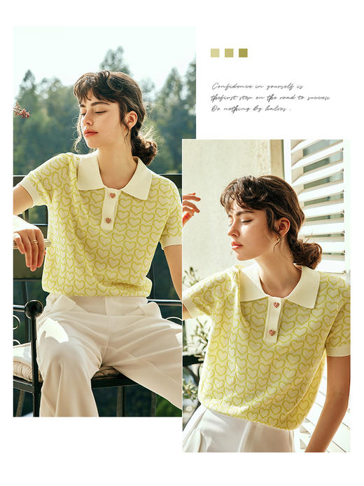 OLrain欧芮儿法式polo领针织衫女夏季2023新款宽松爱心提花套头衫 商品图2