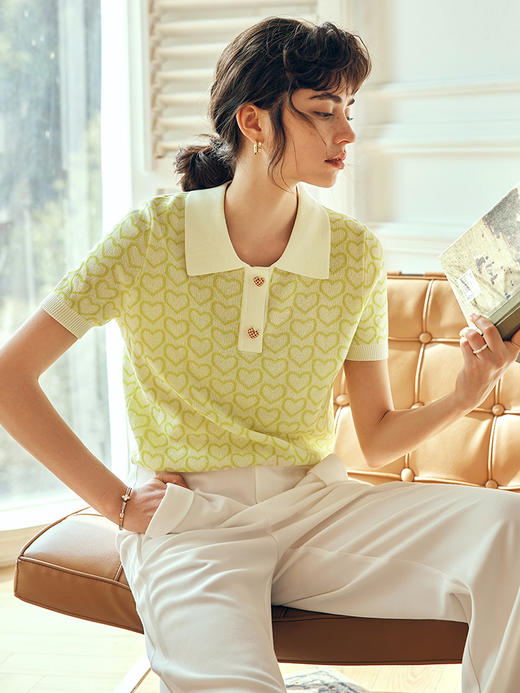 OLrain欧芮儿法式polo领针织衫女夏季2023新款宽松爱心提花套头衫 商品图1