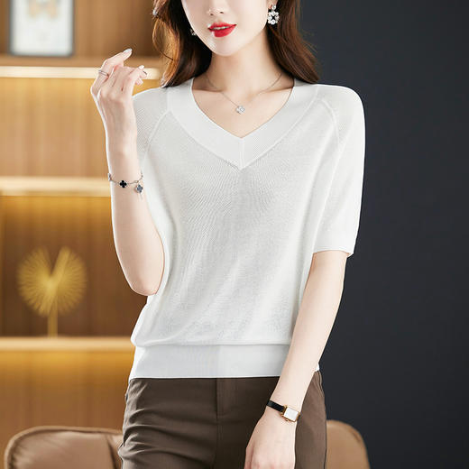 夏季V领冰丝针织衫，中年短袖t恤洋气妈妈夏装薄款宽松遮肚子上衣CC-5-5256 商品图8
