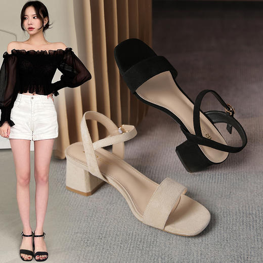 ZHR一字带凉鞋女2023夏季女鞋粗跟凉鞋简约时装凉鞋女配裙子通勤 商品图1