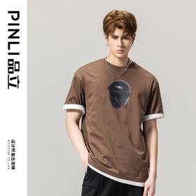 PINLI品立春季新款男士印花圆领短袖T恤休闲上衣BG231111035
