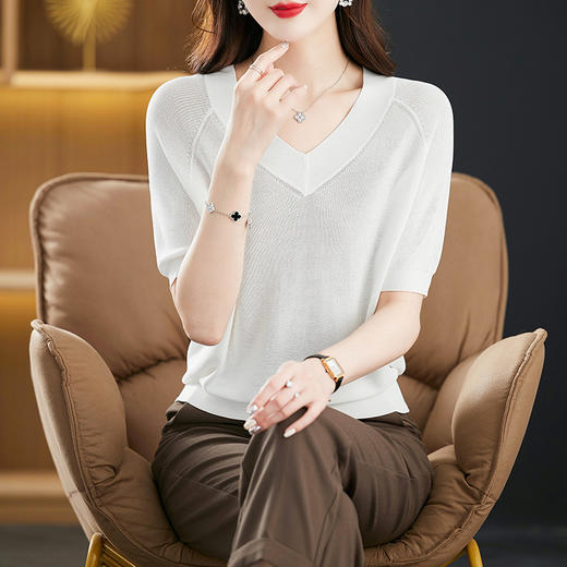 夏季V领冰丝针织衫，中年短袖t恤洋气妈妈夏装薄款宽松遮肚子上衣CC-5-5256 商品图2
