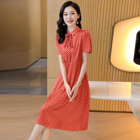 真丝连衣裙2023夏季新款方领格纹飘带气质时尚桑蚕丝中长款裙ASE-2385