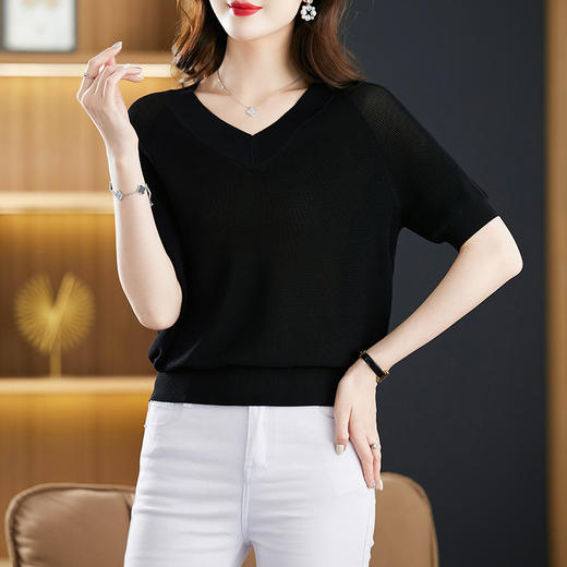 夏季V领冰丝针织衫，中年短袖t恤洋气妈妈夏装薄款宽松遮肚子上衣CC-5-5256 商品图1