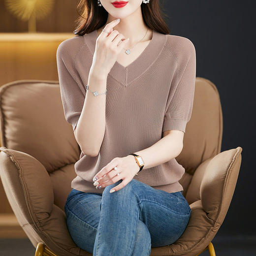 夏季V领冰丝针织衫，中年短袖t恤洋气妈妈夏装薄款宽松遮肚子上衣CC-5-5256 商品图3