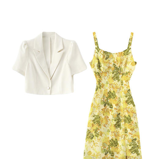 修身百搭，净色翻领短袖小西装外套+雪纺碎花吊带开叉连衣裙两件套WLZD-23051002 商品图4