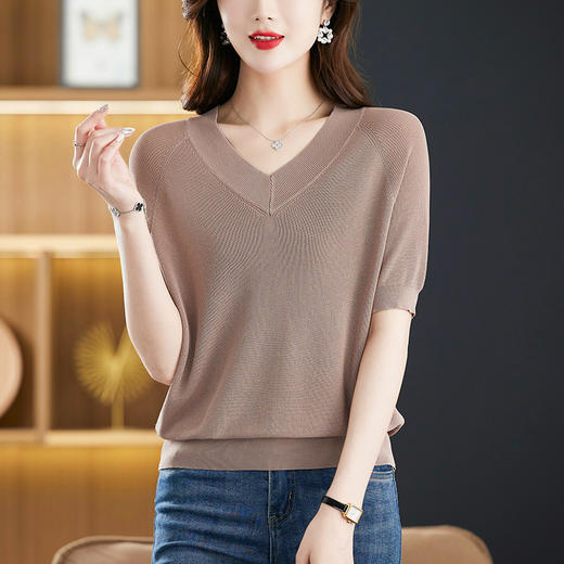 夏季V领冰丝针织衫，中年短袖t恤洋气妈妈夏装薄款宽松遮肚子上衣CC-5-5256 商品图7