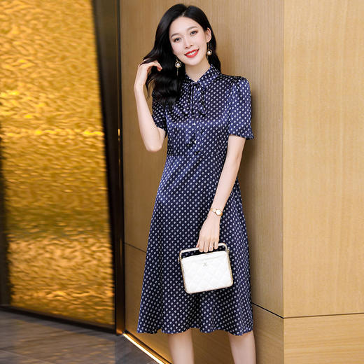 真丝连衣裙2023夏季新款方领格纹飘带气质时尚桑蚕丝中长款裙ASE-2385 商品图3