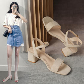 ZHR一字带凉鞋女2023夏季女鞋粗跟凉鞋简约时装凉鞋女配裙子通勤