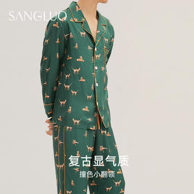 桑罗男士复古小猫印花长袖真丝睡衣家居服