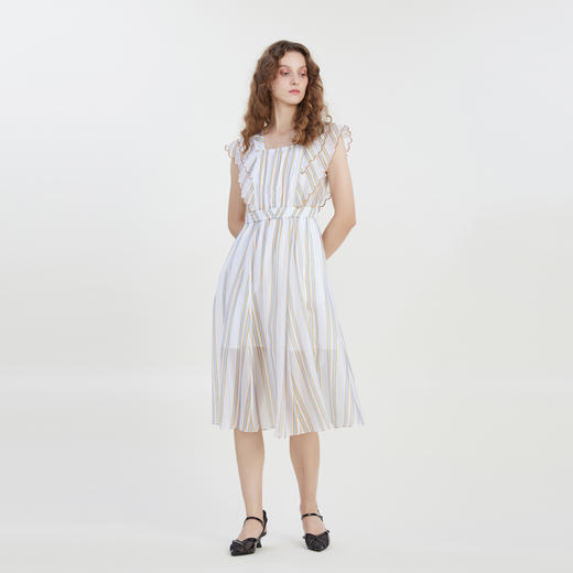 谜底2023夏新款时尚气质条纹连衣裙复古文艺波浪边长裙232ML0595 商品图1