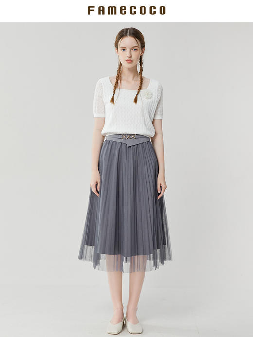 Famecoco范可儿短款低领针织衫女夏季新款短袖方领镂空上衣FAB3DB004 商品图3