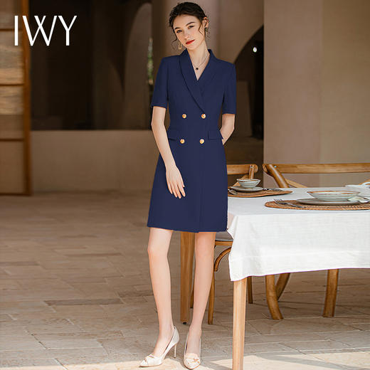 IWY/藏蓝色时尚连衣裙职业西装裙双排扣商务风通勤收腰设计显瘦Q920-ZL 商品图3
