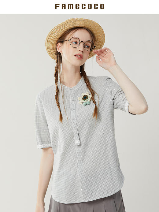 famecoco范可儿纯棉格子衬衫女夏款文艺绣花半袖套头衫FAB3BD015 商品图3